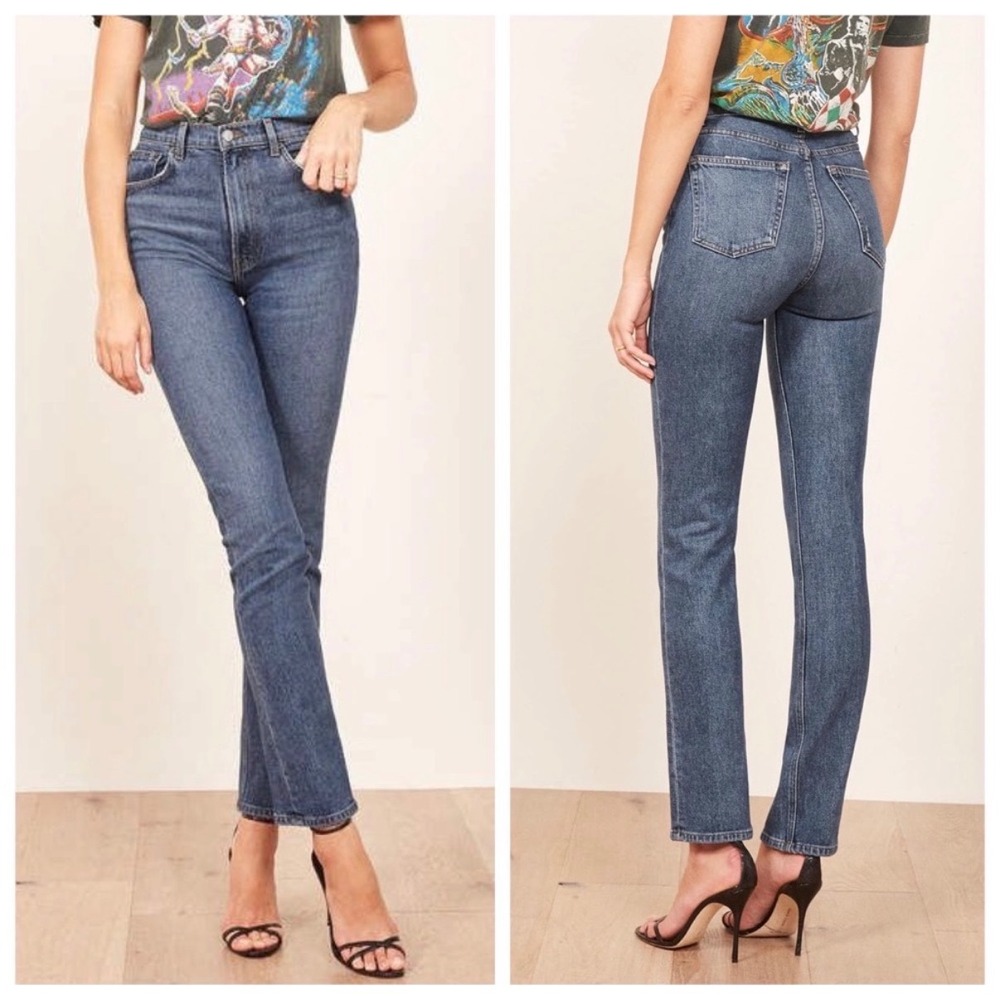Reformation Eliza Straight Leg High Rise Blue Jeans